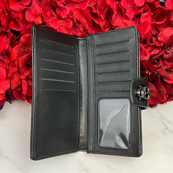 Gothic Skull Studded Black Leather Clutch Wallet BiFold - Picture 6 of 16